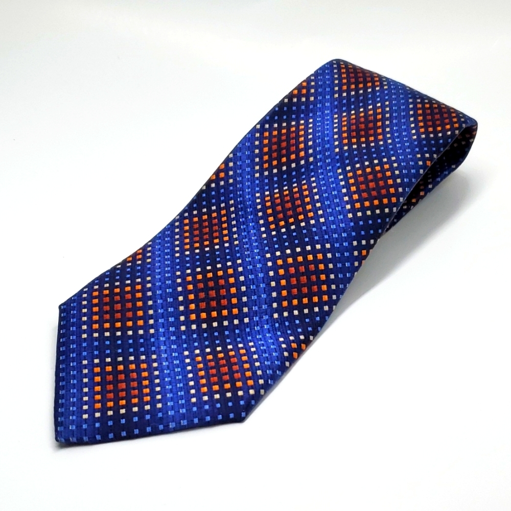 VAN HEUSEN Geometric Tiny Cubes Blue Brown Silk Tie EUC